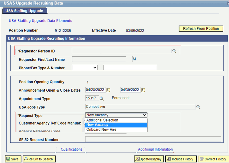 Figure 50: USAS Upgrade Recruiting Data Page - USA Staffing Upgrade Tab